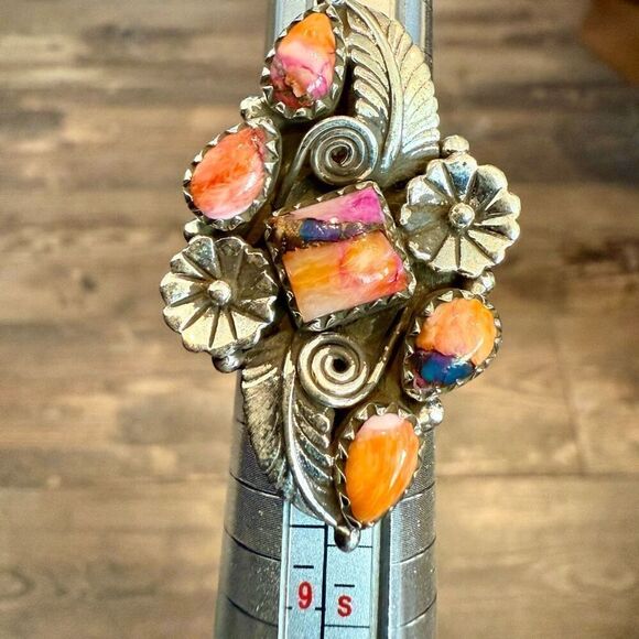 Spiny Turquoise Southwestern Statement Boho Ring Sterling Silver Floral Framed - Picture 2 of 10